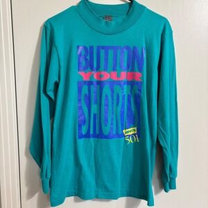 Vintage Levis 501 Button Your Shorts Long Sleeve T-Shirt Teal Green Large USA